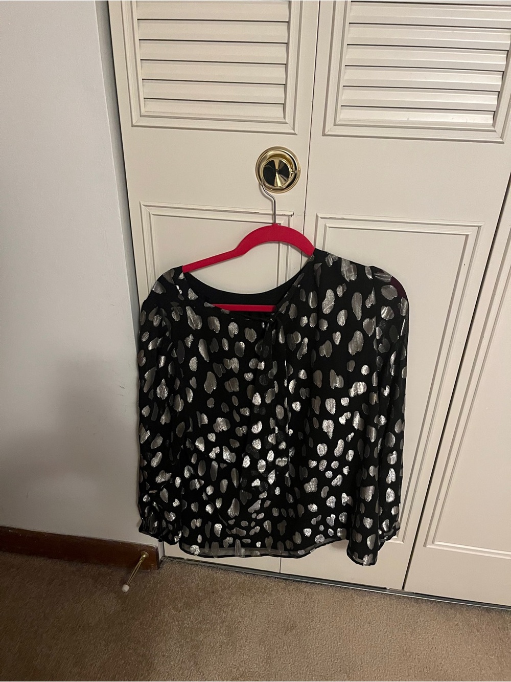 Talbots Black Blouse with Silver Spot Print